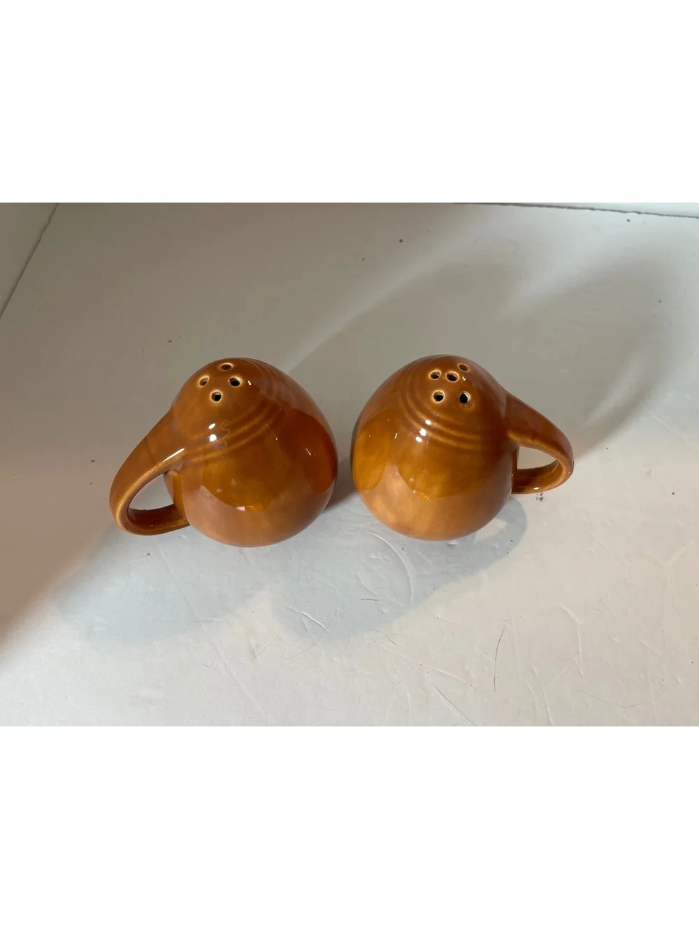 Vintage Brown Ceramic Salt and Pepper Shakers with Handles Mid Century